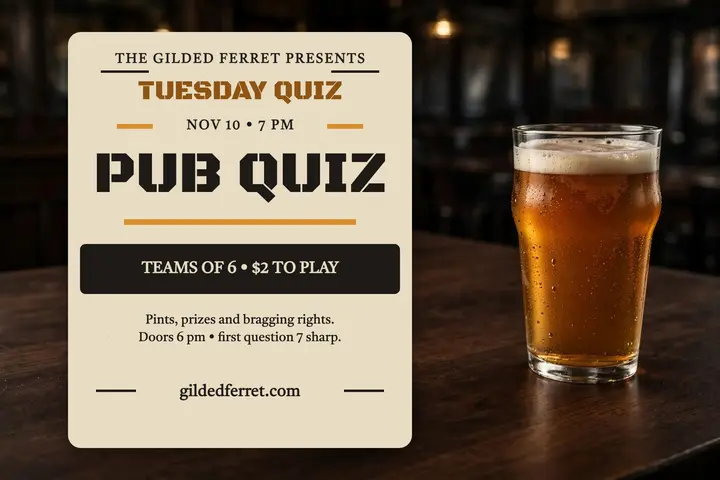 Gilded Ferret pub quiz coaster postcard: pub quiz postcard template