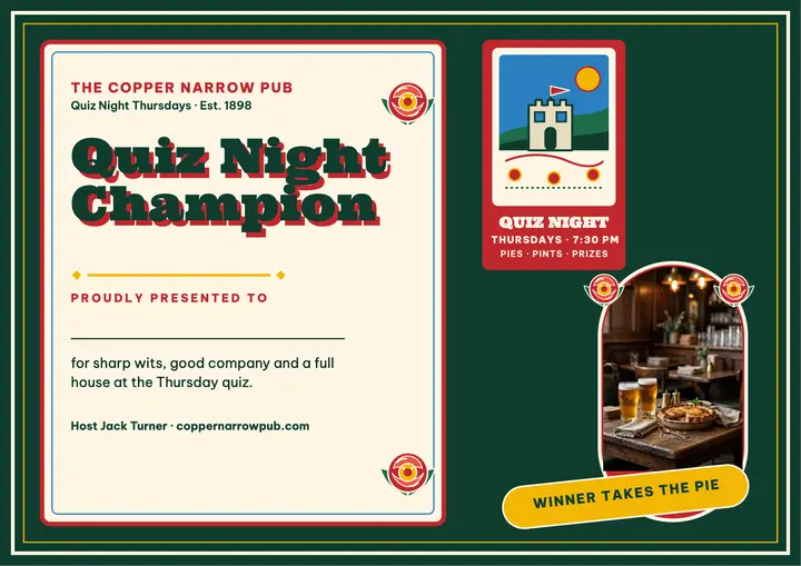 Copper Narrow pub quiz certificate template