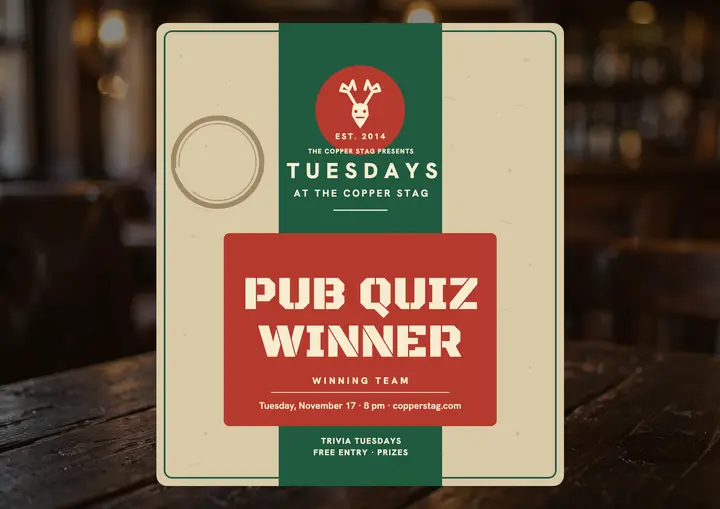 Copper Stag Pub Quiz Winner coaster certificate: pub quiz certificate template