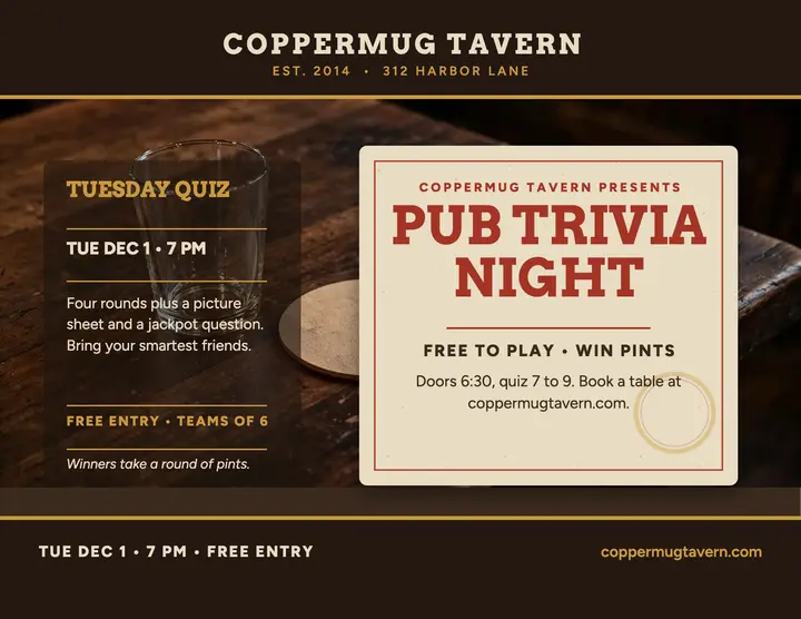 Coppermug Tavern trivia night coaster flyer template