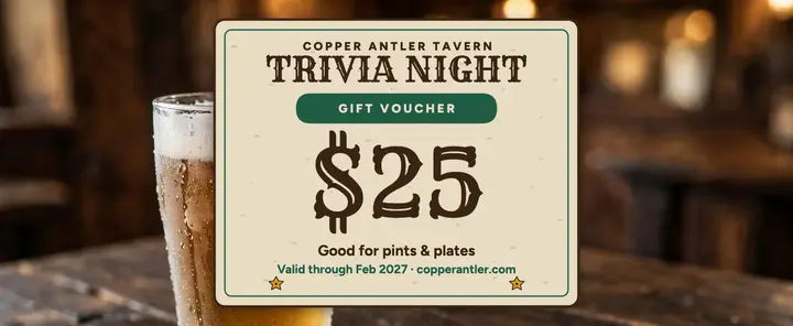 Copper Antler trivia night voucher coaster: trivia night gift voucher template