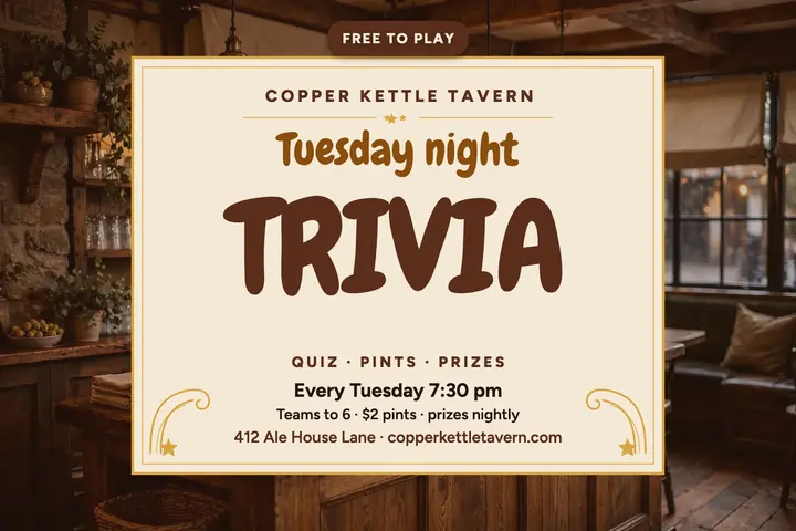 Copper Kettle trivia night postcard: trivia night postcard template
