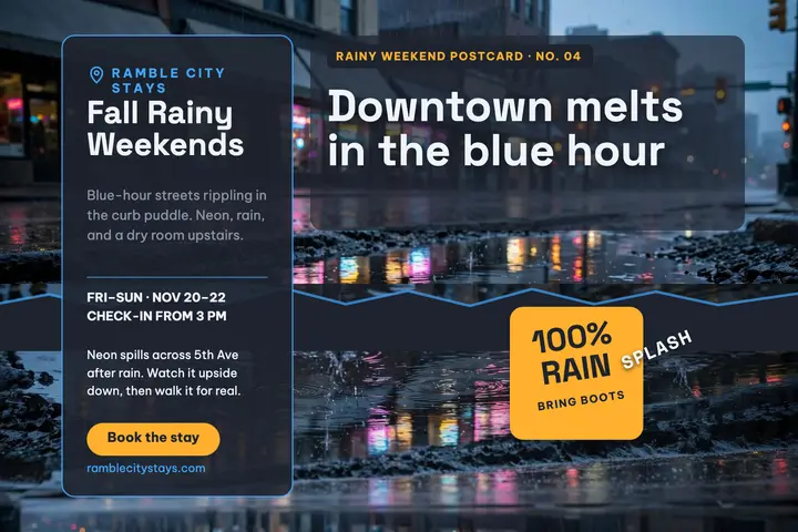 Ramble City rainy weekend postcard: rainy city postcard template