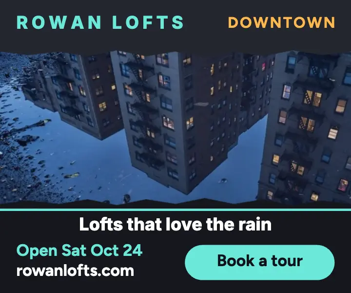 Rowan Lofts rainy-night puddle ad template