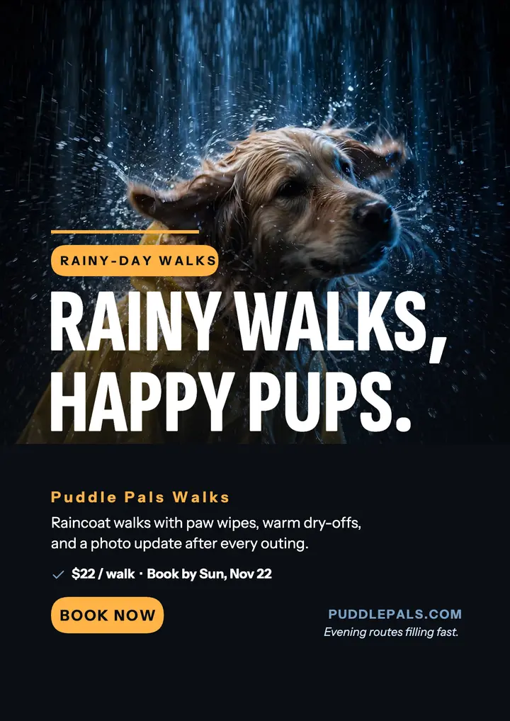 Puddle Pals rainy walks flyer: dog walking flyer template