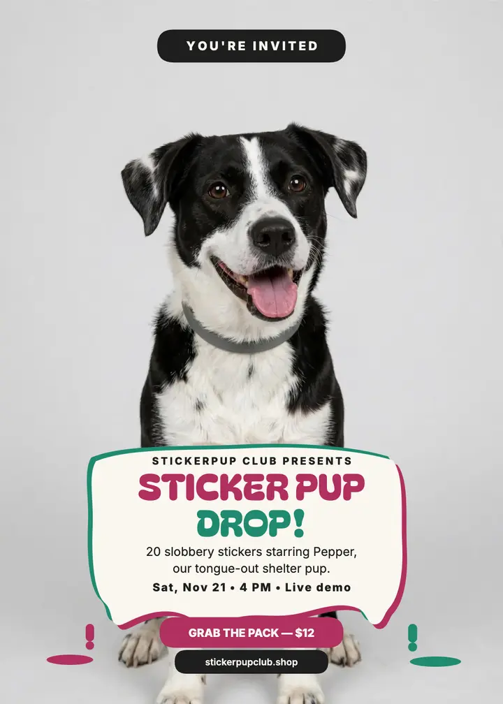 Stickerpup Club sticker drop invitation template