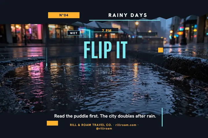 Rill and Roam rainy puddle postcard template