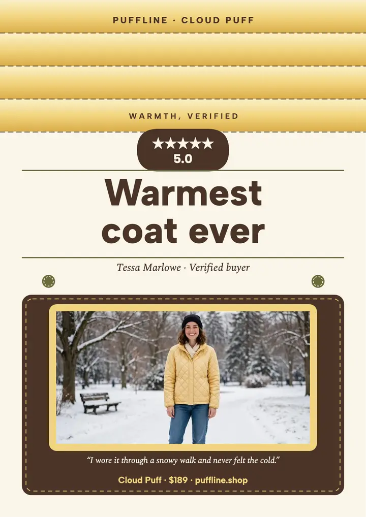 Puffline puffer coat review flyer template