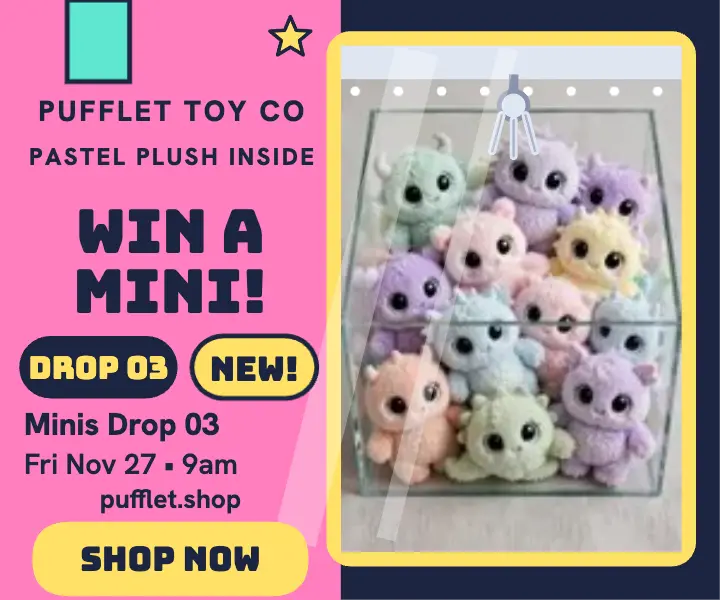Pufflet Minis claw machine launch ad: plush drop ad template