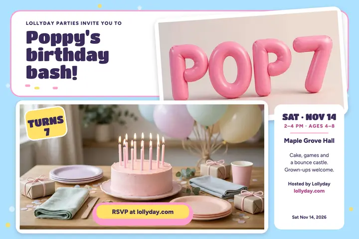 Poppy birthday bash puffy postcard: birthday party postcard template
