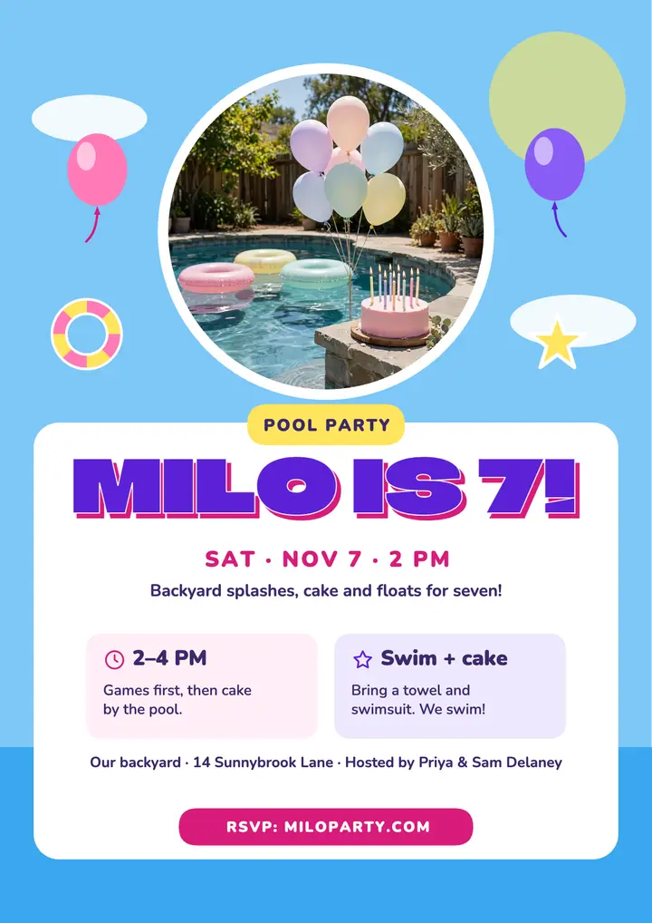 Milo puffy pool birthday flyer template