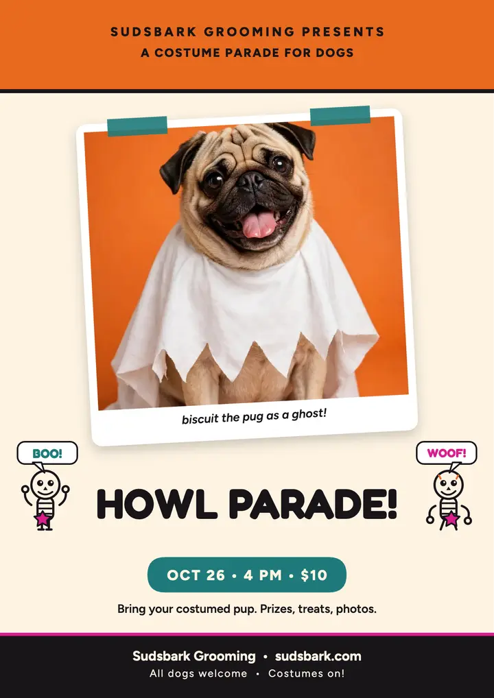 Sudsbark pug ghost Howl Parade flyer template