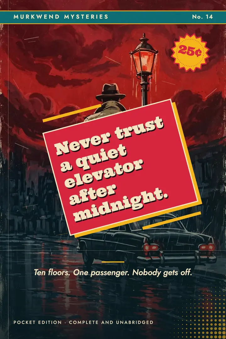 Quiet elevator noir quote poster, pulp paperback template
