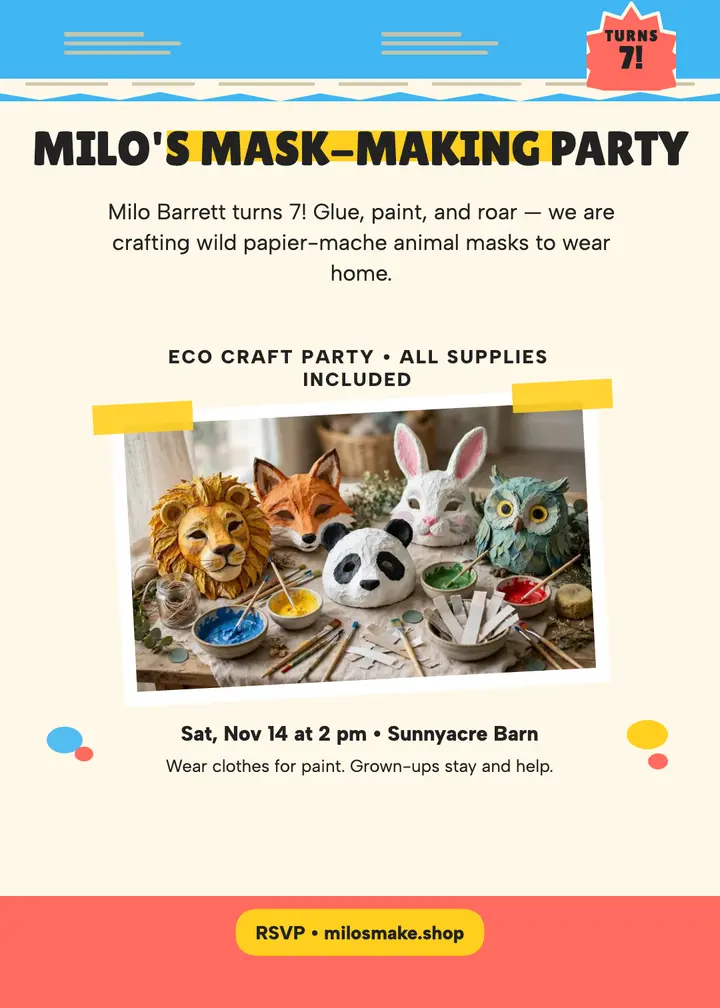 Milo's mask-making craft birthday invitation: kids birthday invitation template