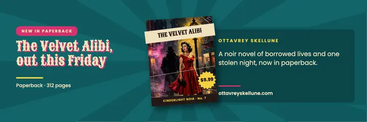 The Velvet Alibi paperback launch X header template