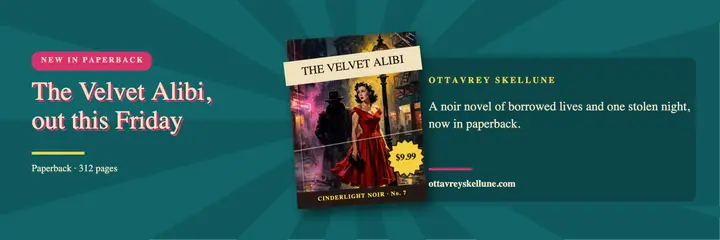 The Velvet Alibi paperback launch X header template