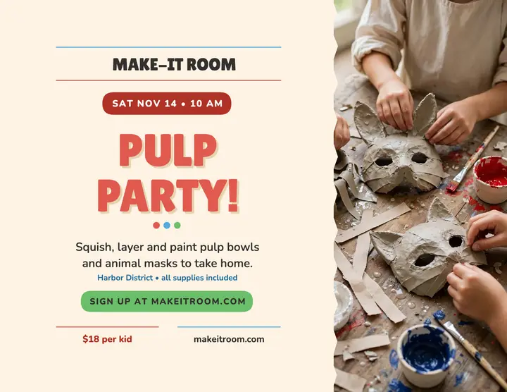 Pulp Party kids craft workshop flyer template