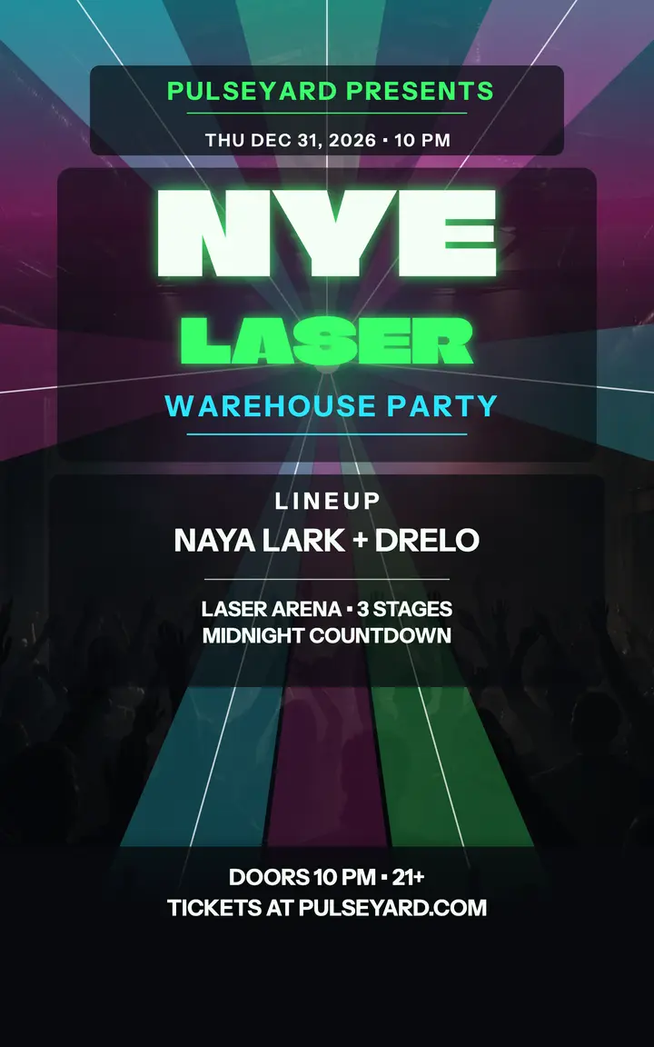 Pulseyard NYE laser warehouse lineup cover: nye warehouse party ebook cover template