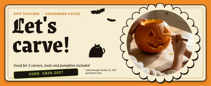 Gourdmere Patch pumpkin carving workshop gift voucher: pumpkin carving gift voucher template