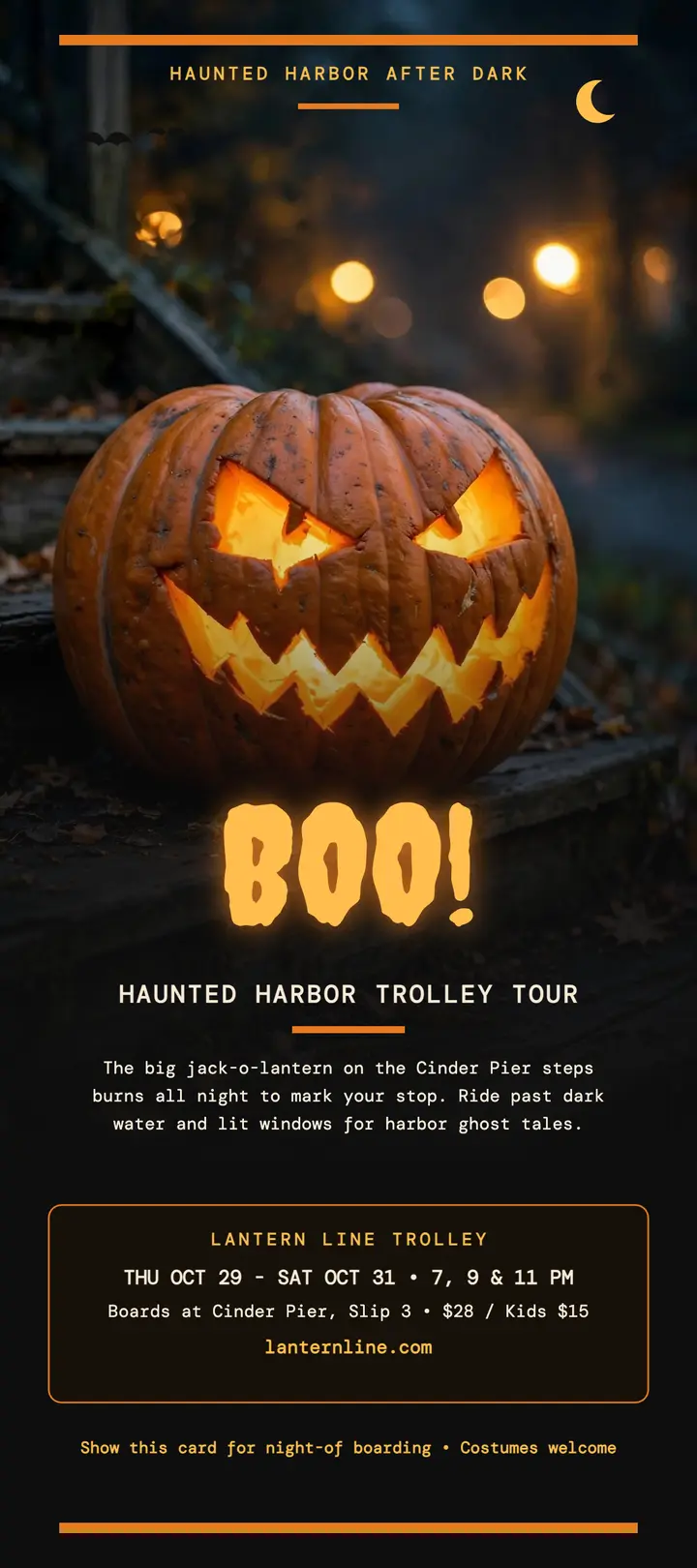 Haunted harbor trolley tour rack card: halloween trolley tour template