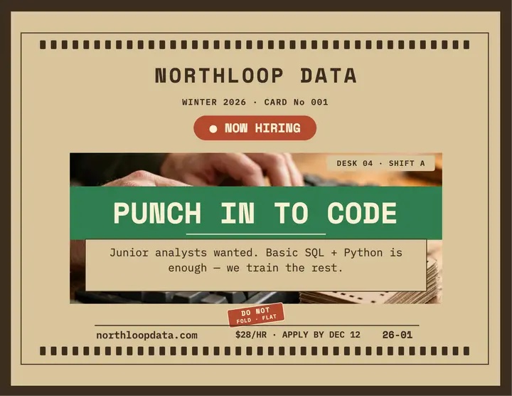 Northloop Data punch card analyst flyer: analyst hiring flyer template