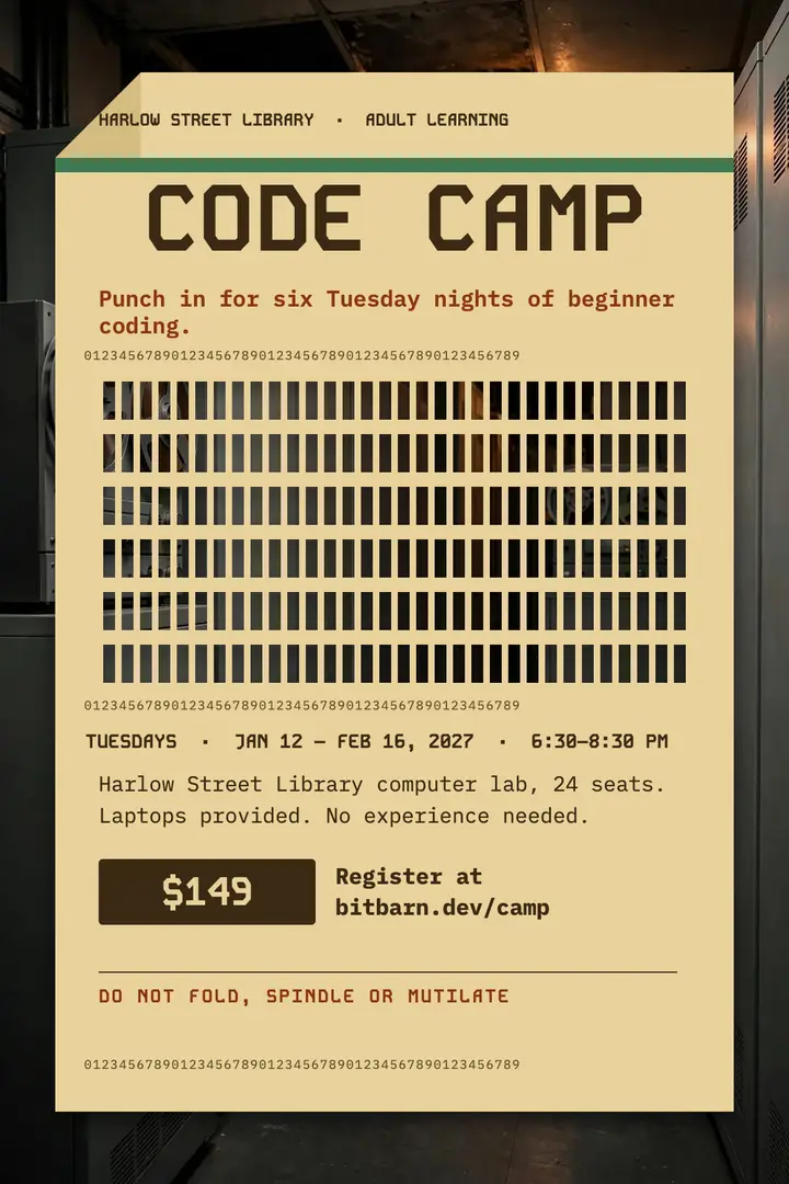 Bitbarn Code Camp poster, punch card: coding course poster template