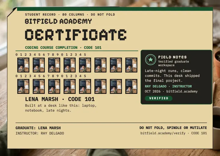 Bitfield coding certificate, punch card template