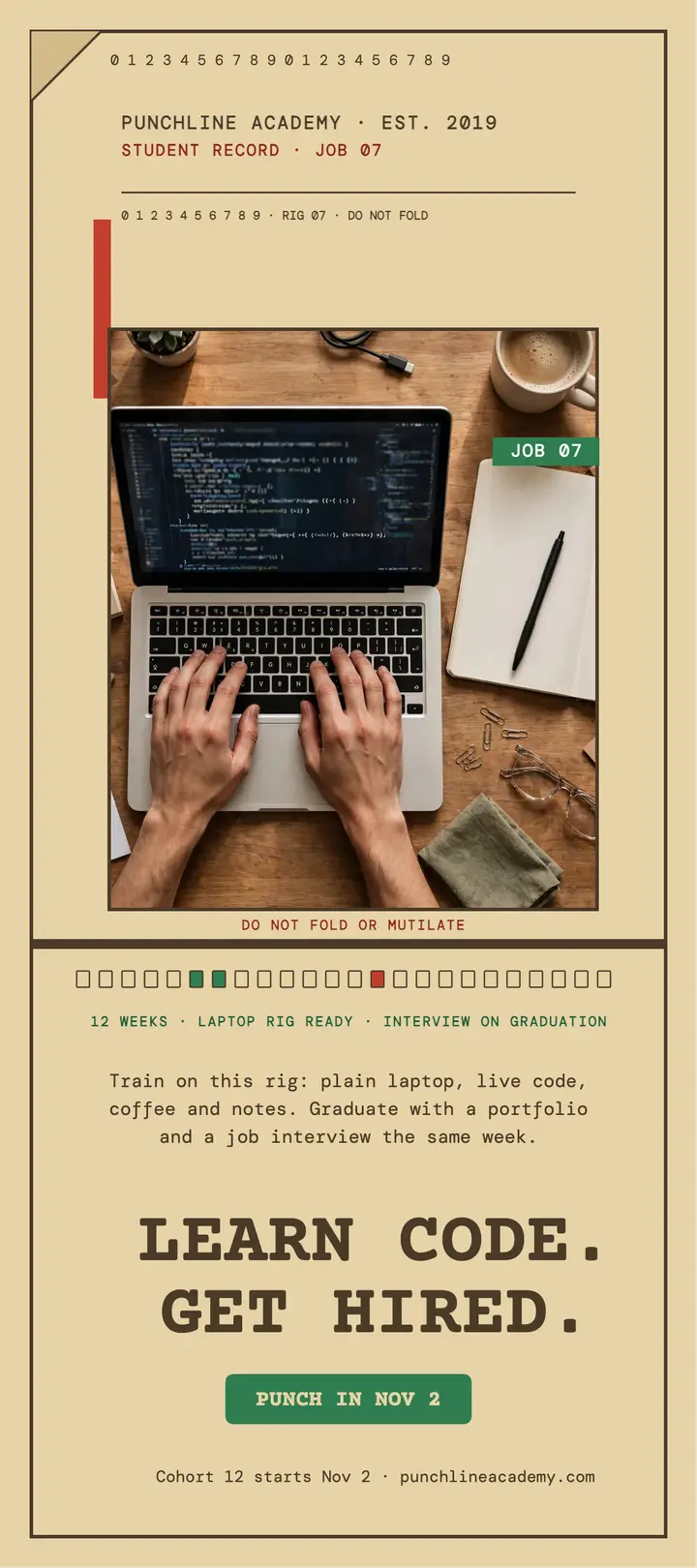 Punchline Academy coding jobs punch card: coding course hiring card template