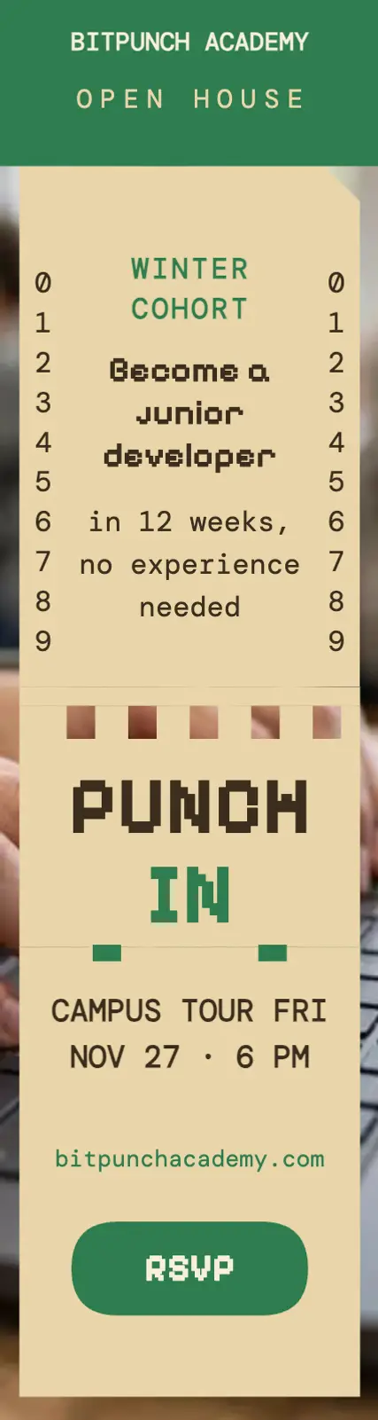 Bitpunch Academy open house punch card skyscraper: coding bootcamp ad template