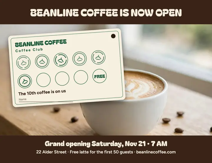 Grand opening flyer with loyalty punch card, Beanline Coffee template