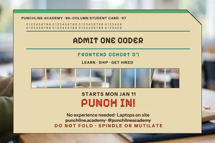 Punchline Academy junior frontend hiring postcard template