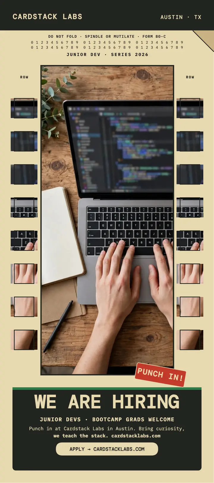 Cardstack Labs junior dev hiring punch card: hiring rack card template