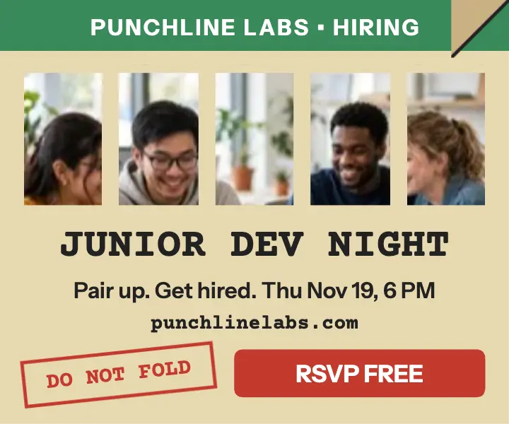Punchline Labs Junior Dev Night punch card ad: hiring ad template
