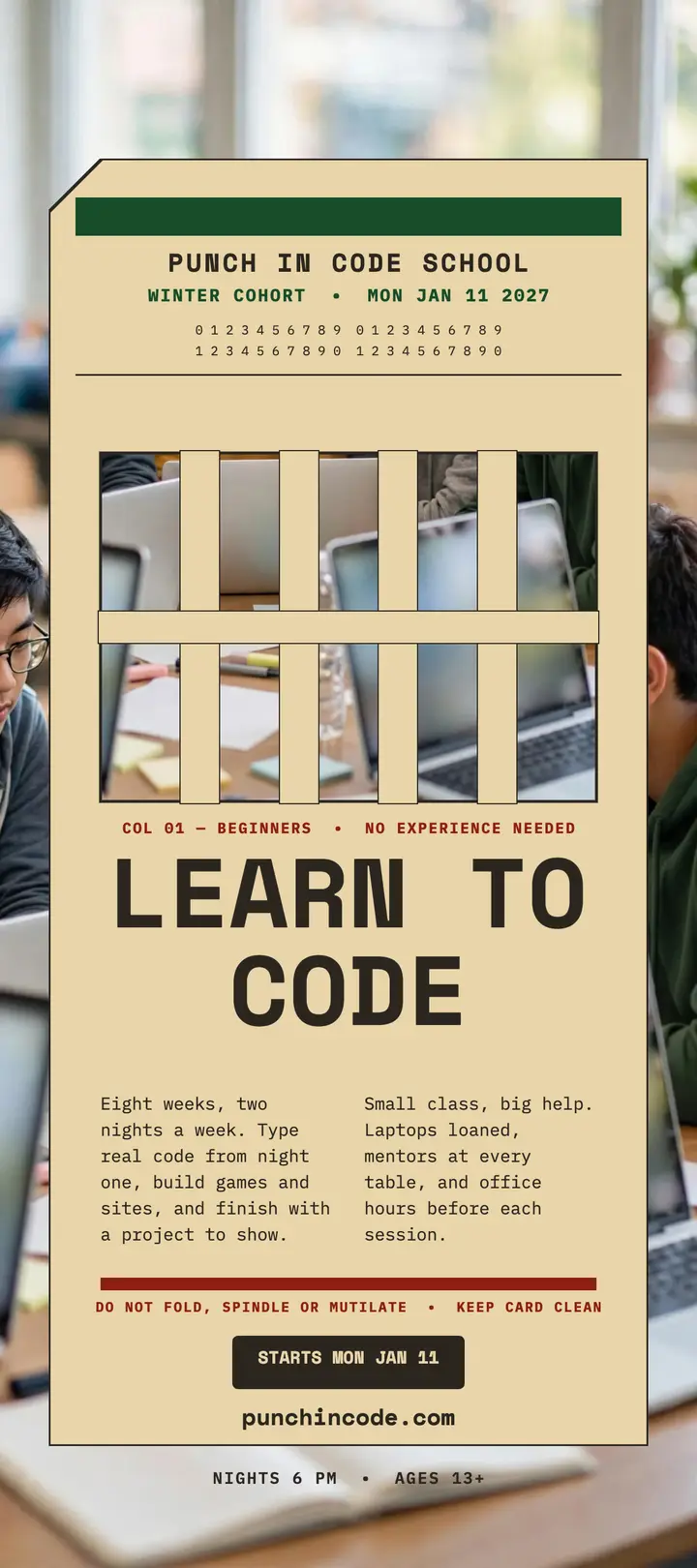 Punch In Code School punch card rack: coding course rack card template