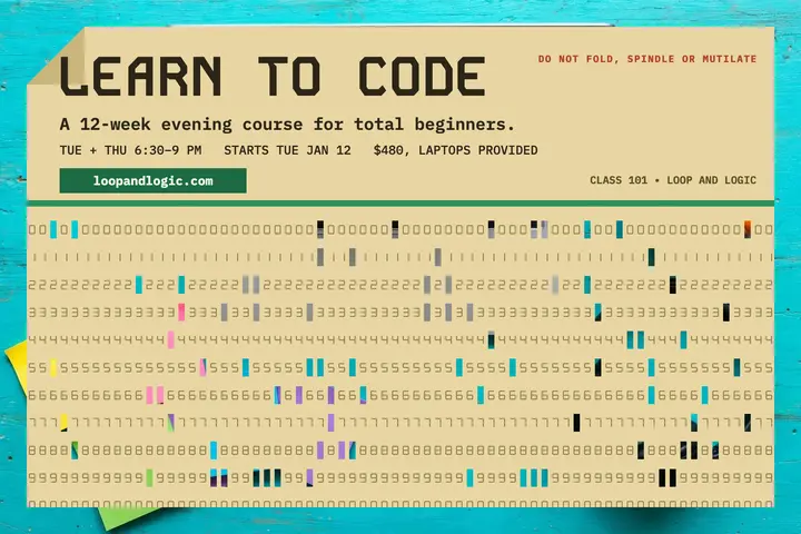 Loop and Logic coding course postcard: coding course postcard template