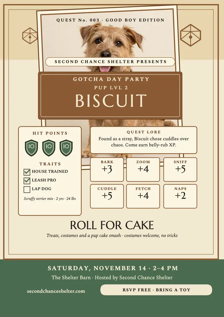 Biscuit gotcha day character sheet flyer: gotcha day flyer template