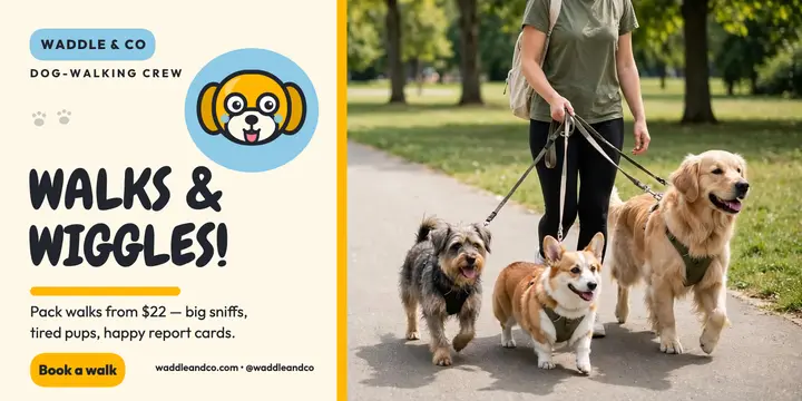 Waddle and Co pack walks mascot post: dog walking post template