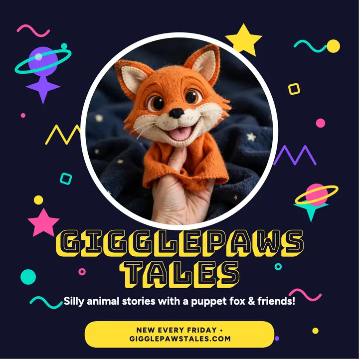 Gigglepaws Tales puppet fox cover: kids stories podcast cover template