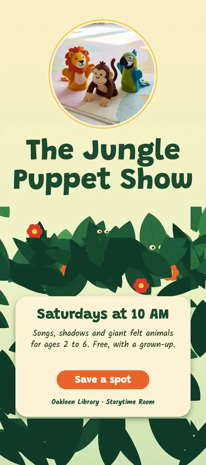 Oakleen library jungle puppet show rack card template