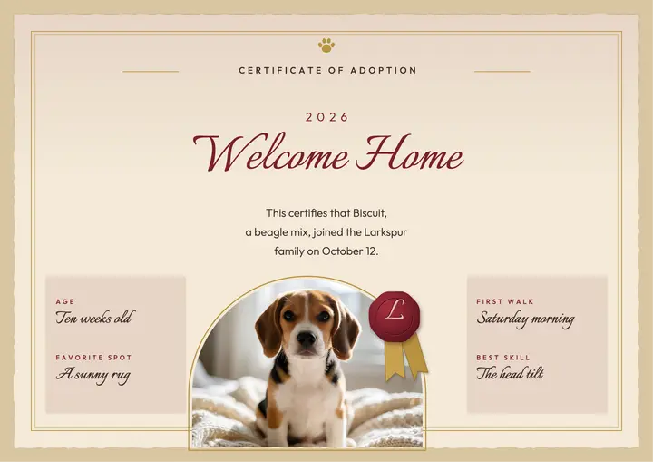 Puppy adoption certificate, wax seal letter: puppy adoption certificate template
