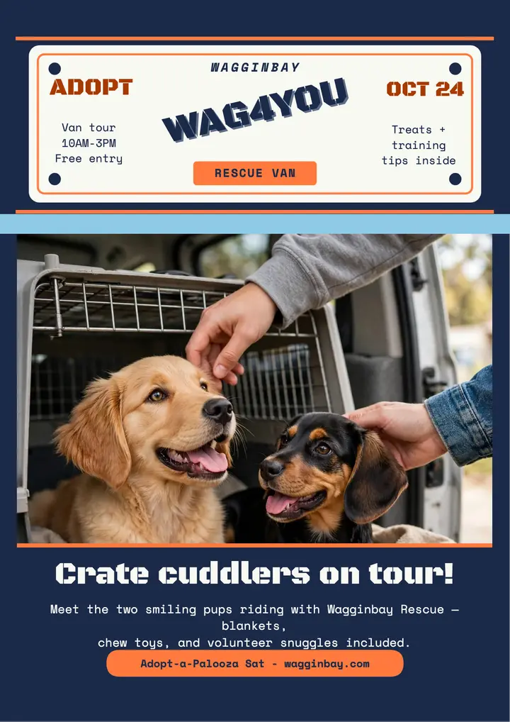 Wagginbay puppy van tour flyer: puppy adoption flyer template