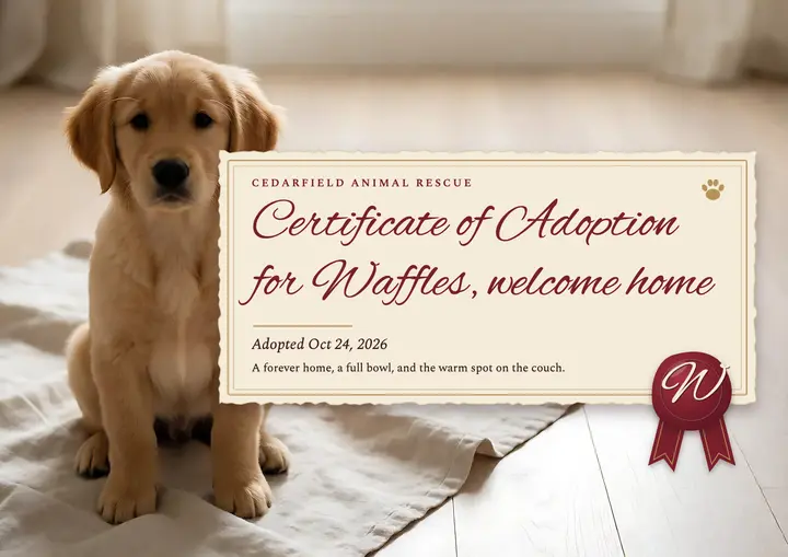 Puppy adoption certificate, wax seal letter: pet adoption certificate template