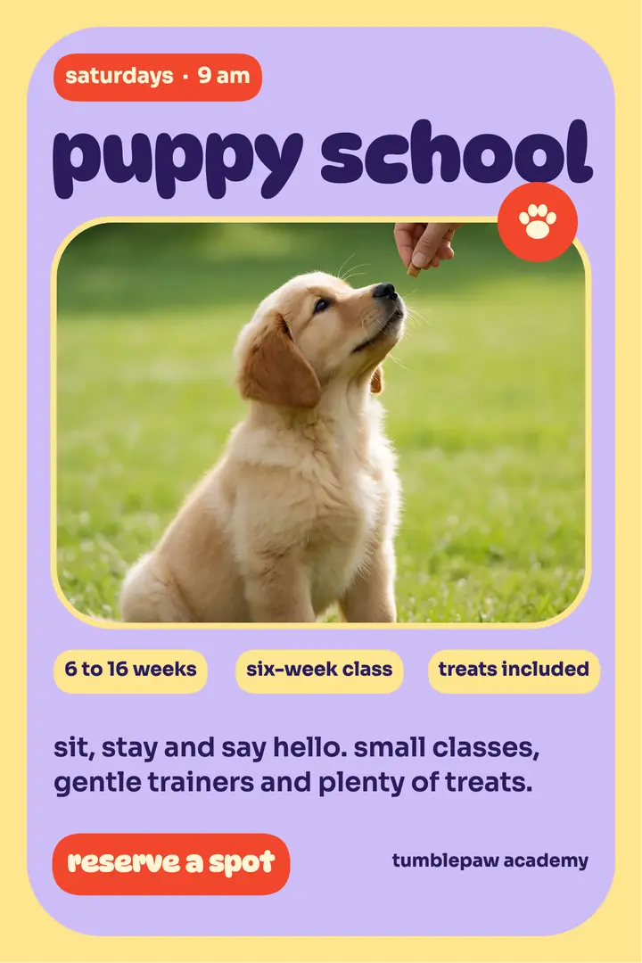 Puppy kindergarten class poster, soft rounded: puppy class poster template