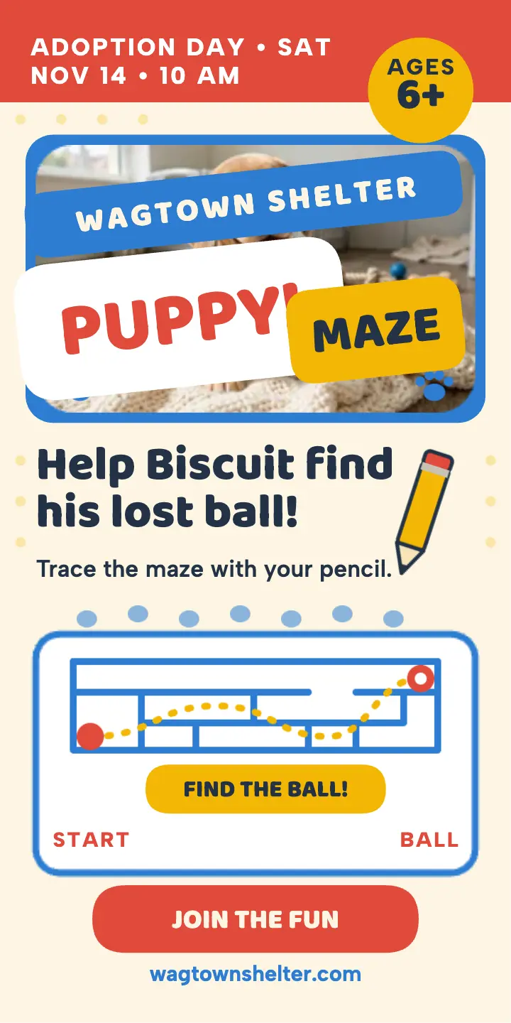 Wagtown beagle maze activity half-page ad: puppy maze ad template