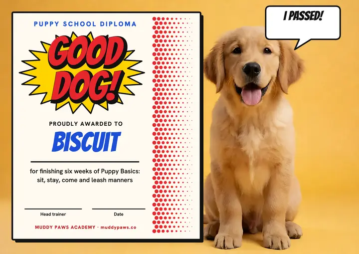 Muddy Paws puppy school certificate template