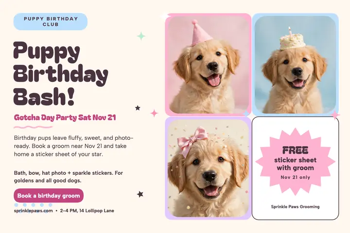 Sprinkle Paws puppy birthday postcard template