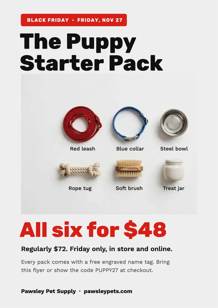 Pawsley puppy starter pack Black Friday flyer: black friday pet store flyer template