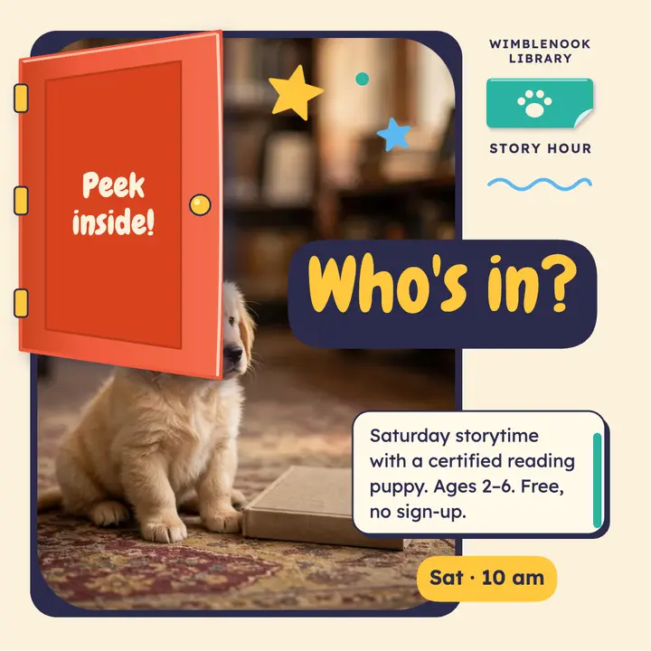Wimblenook Library puppy story hour lift-the-flap post template