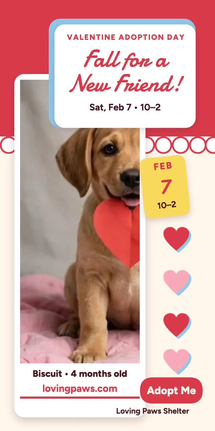 Puppy Valentine adoption day half-page ad template