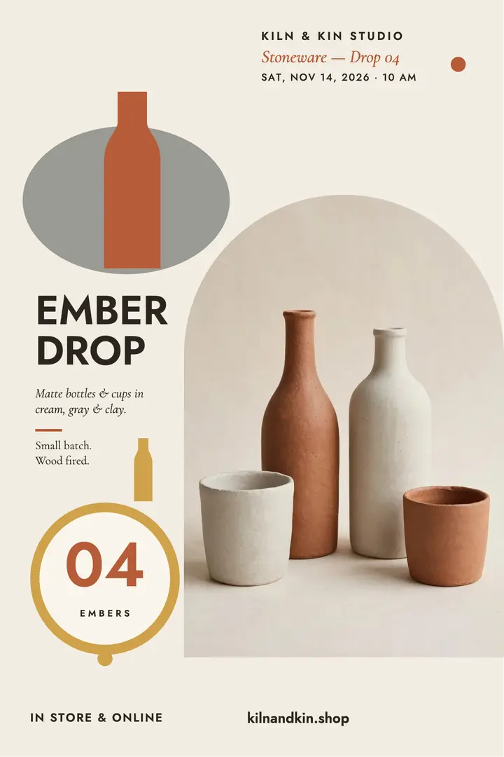 Kiln and Kin Ember stoneware drop poster template